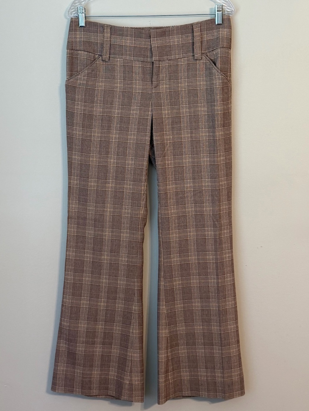 Alice + Olivia Taupe Brown Plaid Flare Women’s Pants, Size 6